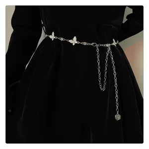 Silver butterfly waist chain, metal dress belt, elegant rhinestone body chain accessory.