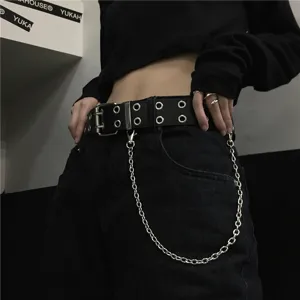 Punk black double grommet leather belt with removable silver metal chain, vintage fashion.