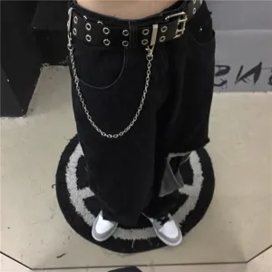 Punk style black double grommet leather belt with metal chain decoration for men and women trendy
