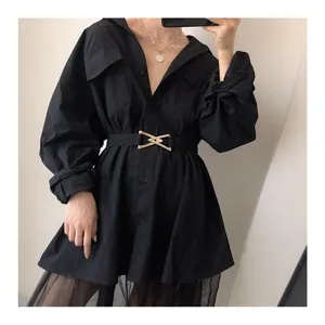 Women black shirt dress with metal buckle elastic waist belt stylish casual outfit