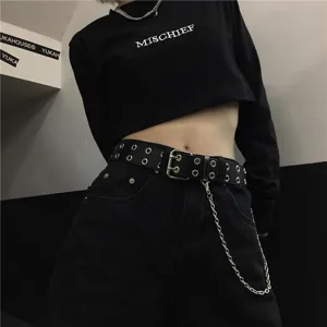 Punk style double grommet black leather belt with metal chain decoration for men and women