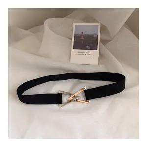 Women elastic waist belt with unique metal triangle buckle for dress and suit styling