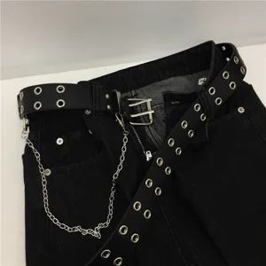 Punk style black double grommet leather belt featuring a cool metal chain for trendy outfits.