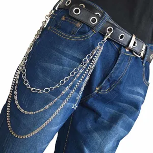 Hip-hop metal pants chain detail shot, punk style multi-layer waist chain with star charm.