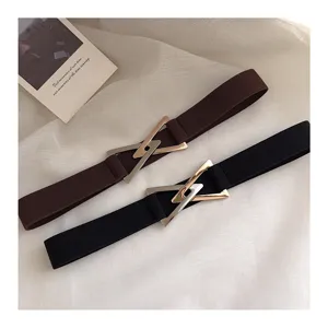 Elastic waist belt for women with geometric triangle metal buckle dress accessory