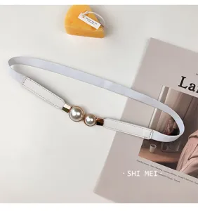 Women white elastic thin waist belt with elegant double pearl metal buckle dress accessory