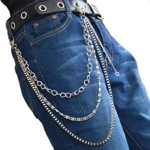 Metal pants chain detail view, silver multi-layer hip hop wallet chain with star charm.