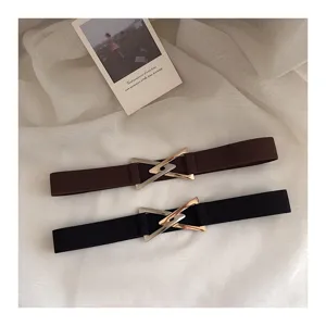 Detail view of elastic waist belt with metal triangle buckle, stylish dress accessory.