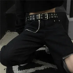 Punk black leather belt with double grommets and metal chain for women and men fashion.