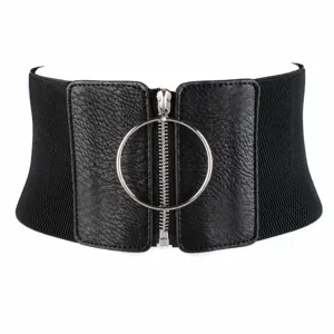Women wide elastic waist belt black stretch cinch belt with metal ring and front zipper.