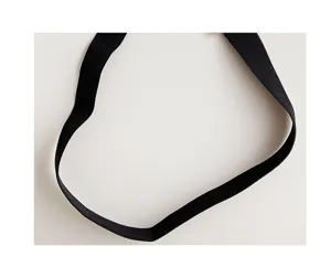 Close-up detail of a black elastic waist belt strap, showing texture and simple design.