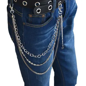 Hip-hop multi-layer metal pants chain with star pendant, punk style jeans waist chain accessory.