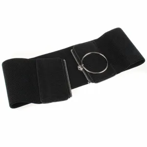 Women wide elastic waist belt black stretch cinch belt with metal ring zipper decoration.