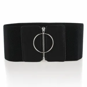 Women's wide elastic waist belt with metal ring front zipper for dresses, black chic cinch.