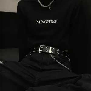 Punk style black leather belt with double grommets and metal chain decoration for men and women.