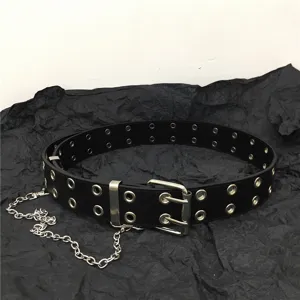 Punk black double grommet leather belt with metal chain, vintage alternative waist accessory.