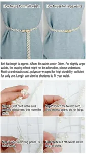 Detail close-up view showing pearl waist chain styling options and easy DIY length adjustment guide.