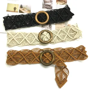 Damen boho breiter geflochtener Gürtel mit runder Holzschnalle, modischer Wachskordel Taillengurt.