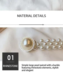 Detailed close-up shot of elegant pearl waist chain featuring sparkling rhinestone buckle.