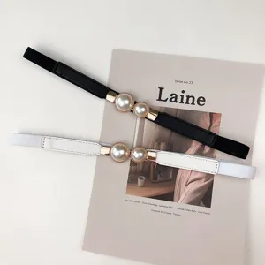 Elegant women thin waist belt with pearl buckle, perfect dress elastic waist band for daily wear.
