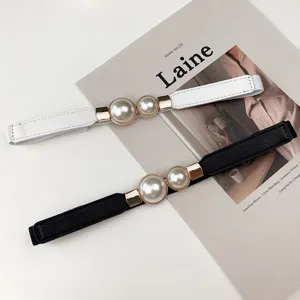 Women pearl double buckle elastic waist belt stretch pleated dress decorative waist cinch