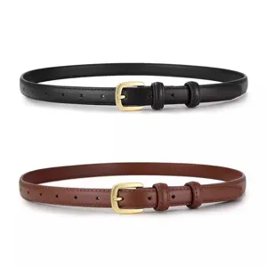 Women's slim leather belt set with gold metal buckle, stylish minimalist casual waistbands for jeans.