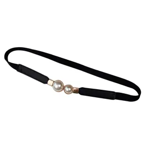 Women's stylish black elastic waist belt featuring a double faux pearl metal buckle for dresses.