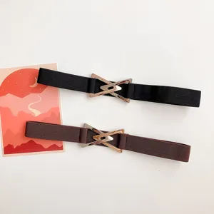 Women elastic waist belt with unique metal triangle buckle for coat dress main view