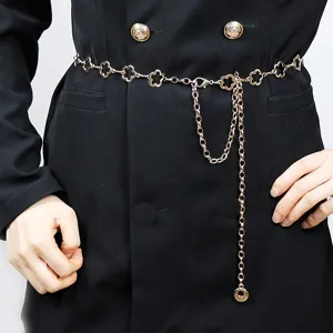 Elegant gold metal flower waist chain belt for women, fashion dress accessory, adjustable.