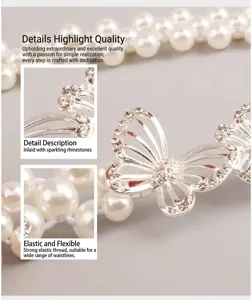 Elegant pearl waist chain with rhinestone butterfly, elastic dress belt for women and girls.