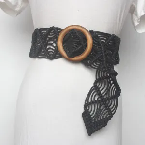 Damen Mode schwarz Makramee gewebter breiter Gürtel mit runder Holz Schnalle Boho Stil
