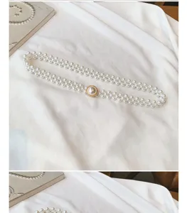 Elegant double layer faux pearl waist chain with metal buckle dress decorative waist belt.