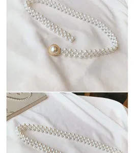 Elegant multi-strand pearl waist belt with luxury rhinestone buckle for women dresses.