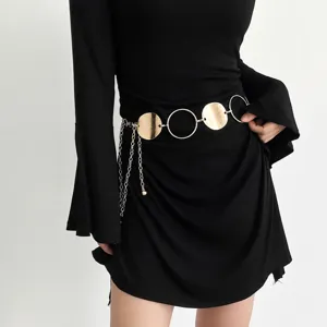 Women fashion gold metal waist chain belt stylish circle link body jewelry dress accessory