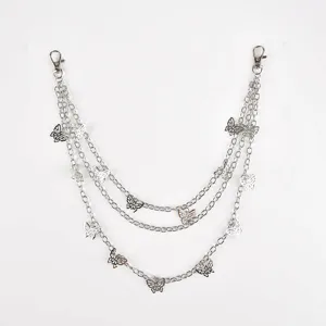 Multi-layer silver metal pants chain featuring delicate hollow butterfly charms and secure lobster clasps.