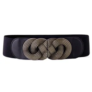 Retro Women's Elastic Wide Waist Belt Vintage Metal Interlock Buckle Stretch Cinch Belt Dress Coat Waistband Accessory