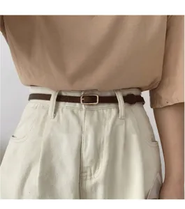 Slim brown leather belt featuring a classic golden square buckle, perfect for trousers and skirts.