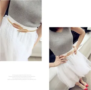 Gold metal leaf buckle elastic waist belt for women stylish dress accessory thin waist chain