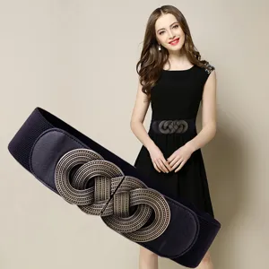 Vintage wide elastic waist belt for women, retro metal buckle stretch dress belt black