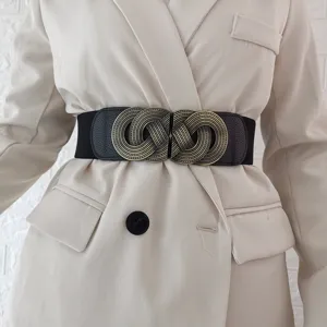 Women wide elastic waist belt retro metal buckle stylish black cinch belt for dresses