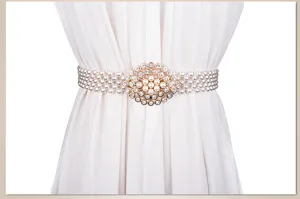 Elegant pearl rhinestone elastic belt detail, sparkling buckle for dresses and gowns.