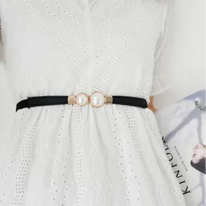 Pearl elastic waist belt detail, minimalist thin dress belt with double pearl metal buckle.