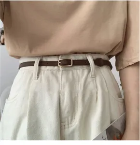 Women vintage thin leather belt minimalist waist strap gold buckle dress jeans accessory