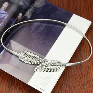Silver metal leaf interlocking belt chain, elegant elastic waist accessory for women dresses.