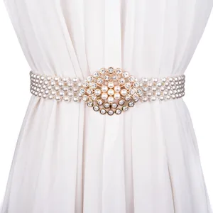 Women Fashion Elastic Wide Belt Artificial Pearl Rhinestone Decorated Waist Band For Dress Party Daily Accessories
