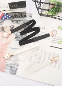 Pearl waist belt for women, elastic skinny decorative belt with buckle for dress.