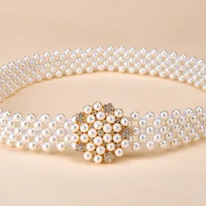 Elegant pearl waist belt for women, elastic rhinestone buckle dress waistband accessory.