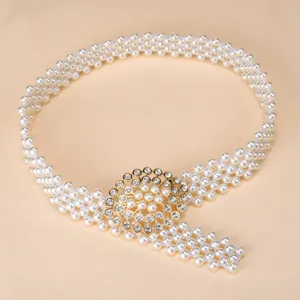 Elegant pearl waist belt for women with sparkling rhinestone gold buckle, stretchy dress cinch.