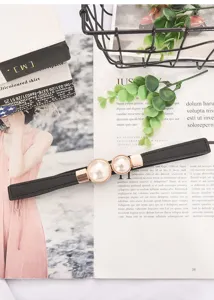 Women black thin belt with double faux pearl gold metal buckle elegant waist accessory