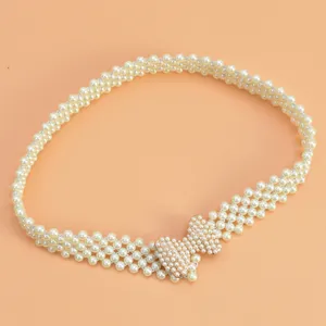 Elegant multi-strand pearl women dress belt with rhinestone bow clasp for fashion styling